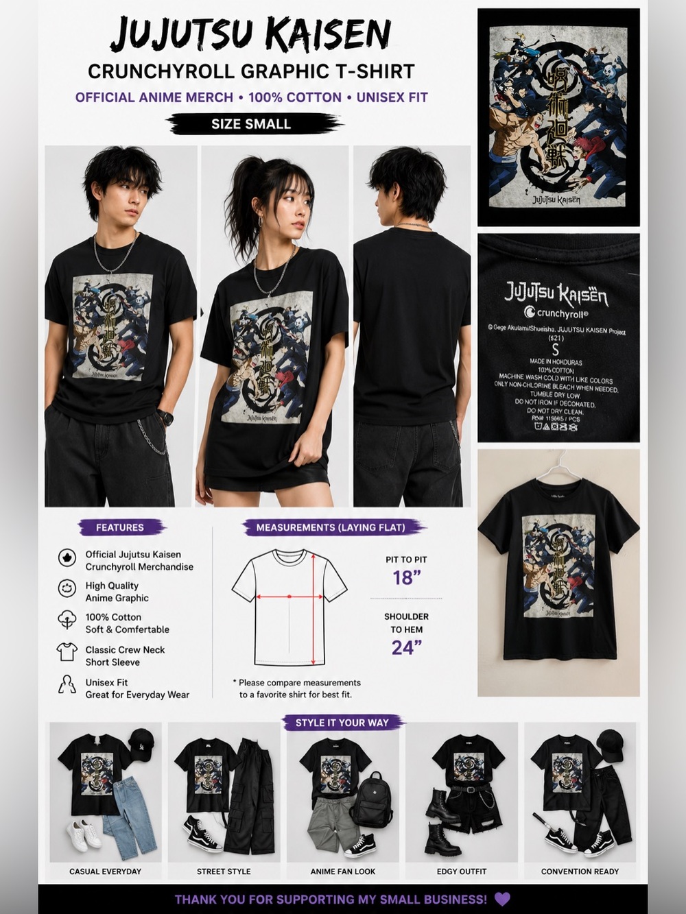 Jujutsu Kaisen Crunchyroll Anime Graphic T-Shirt Black Men's/Unisex Size Small
